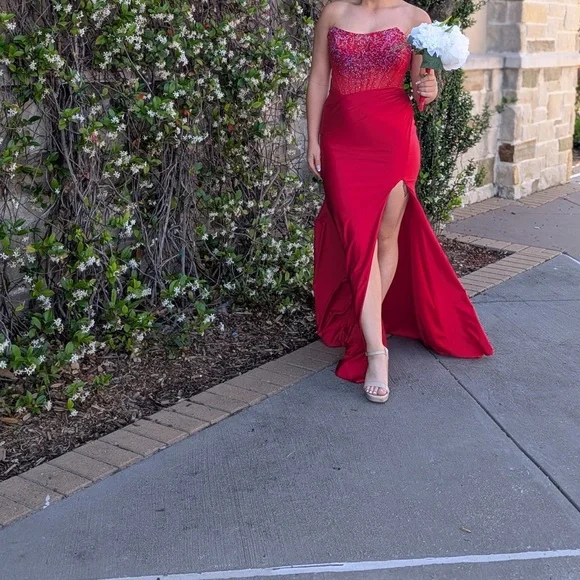 strapless open back dress Long Mermaid Red Prom Dress 2026 Spaghetti Straps Appliques with Slit Red / US6 main image 0